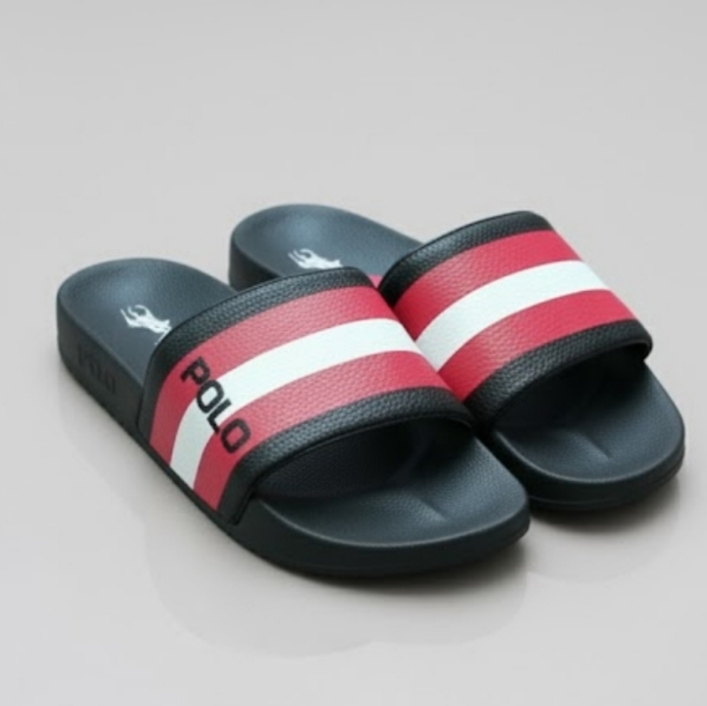 NEW! Polo by Ralph Lauren Black and Red Slide Sandals Sporty Design sz 6